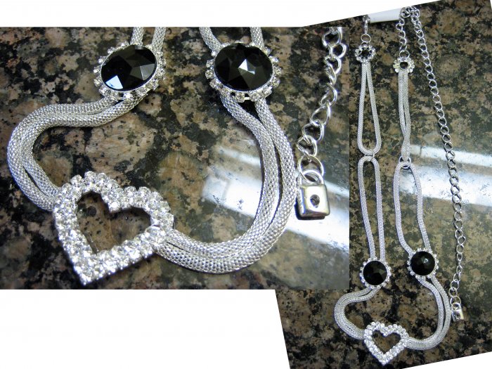 Mini Lock Charm Crystal Heart Round Black Stones Pendant Necklace-Silver(FREE Shipping)