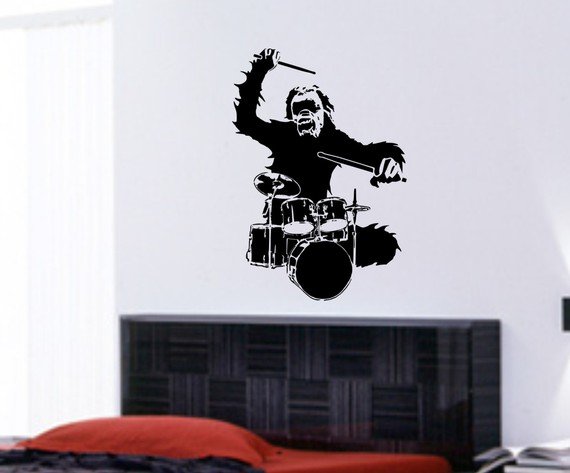 MONKEY DRUMMER DECAL WALL STICKER MUSIC PUNK KIDS TEEN INSTRUMENT FUNNY