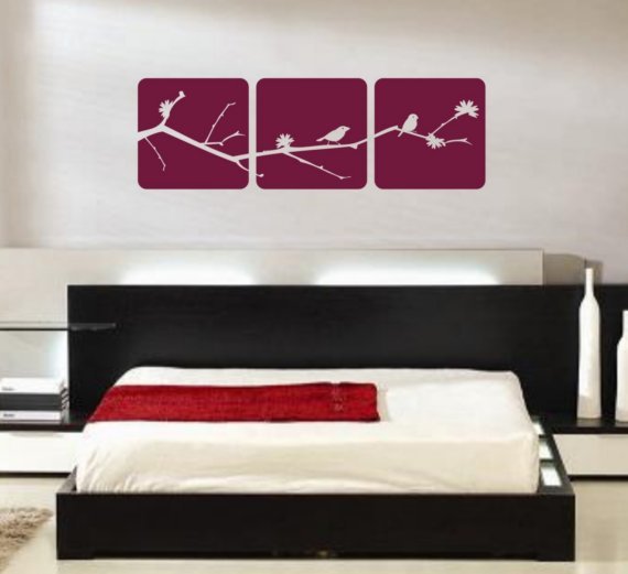3 Panels with Modern Tree Branch and Birds Decal Sticker Vinyl Wall Art Graphic