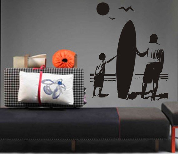 Boy and Dad with Surfboard Staring Into Ocean Sticker Wall Decal Art Beach Surfing Surf Vacation