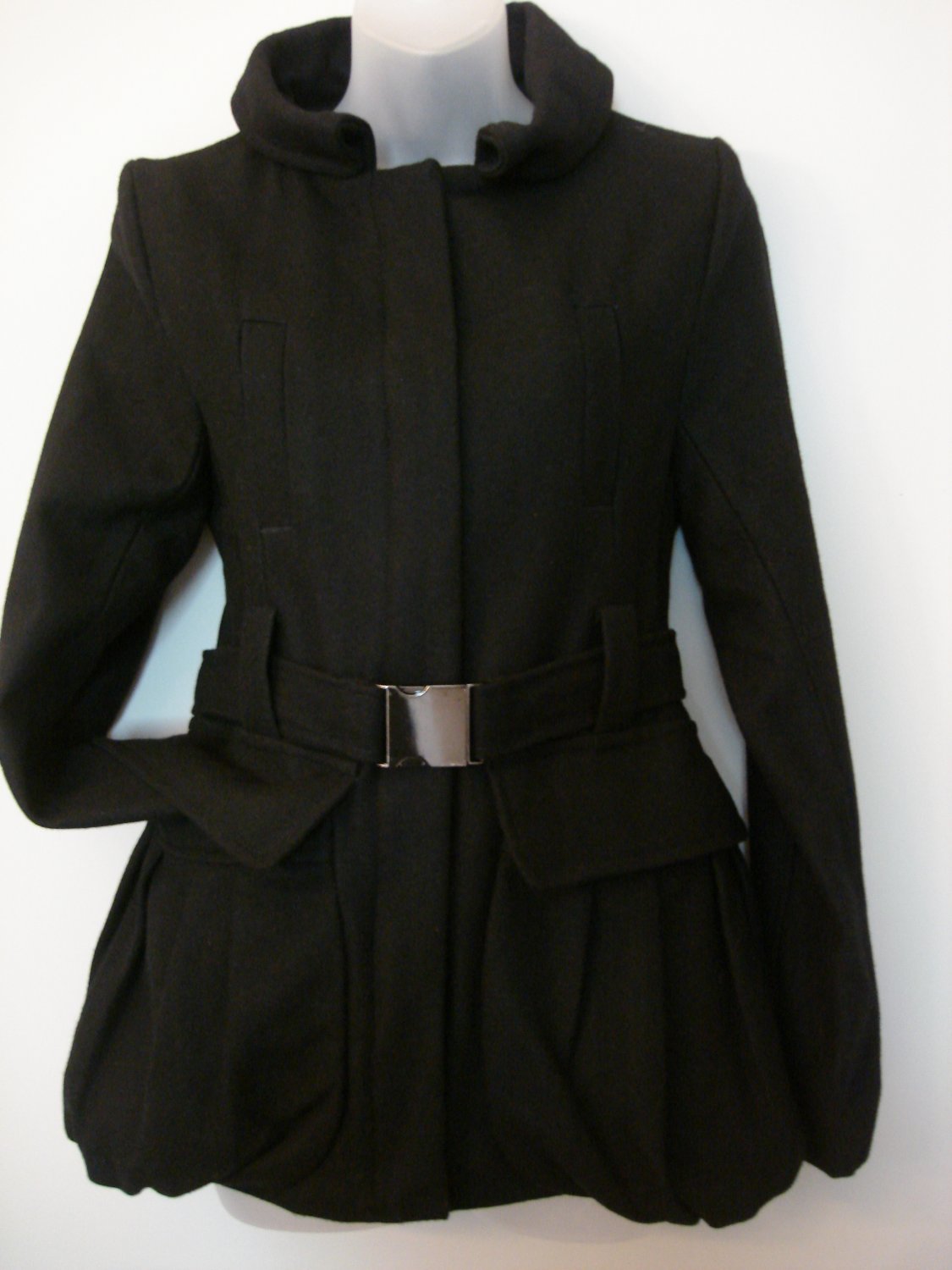 S- Black Wool Belted Bubble Skirt Coat
