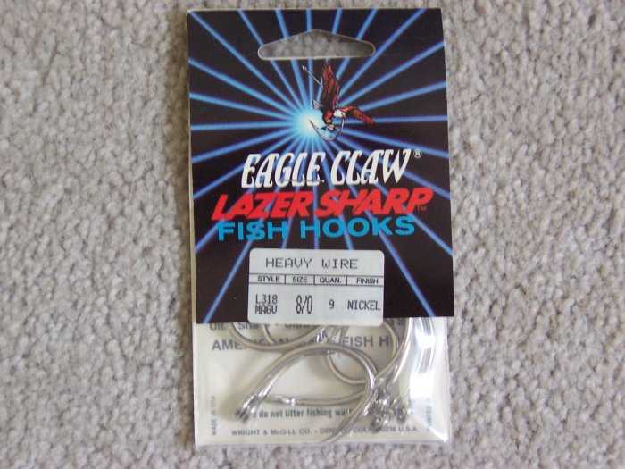 Lot of 180 Style L318 Eagle Claw Hooks NEW in packages - size 8/0 - Nickel