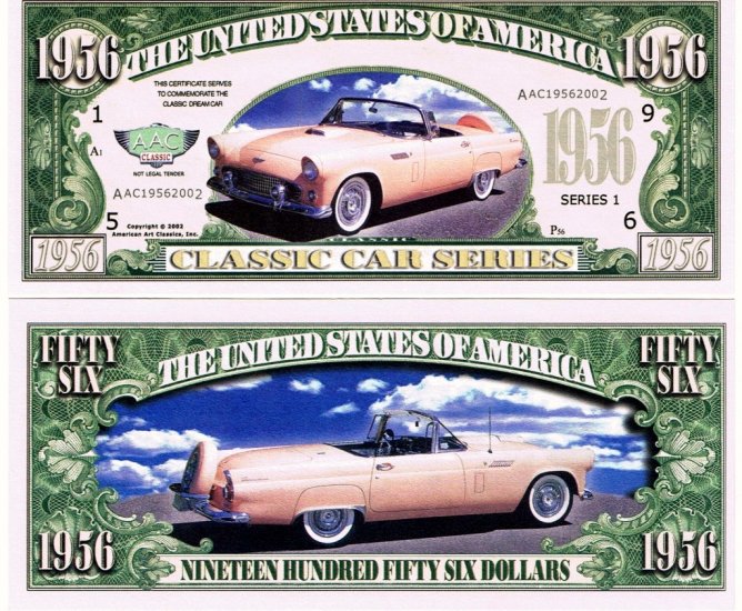 1956 Ford Thunderbird Classic Car Novelty Dollar Bill