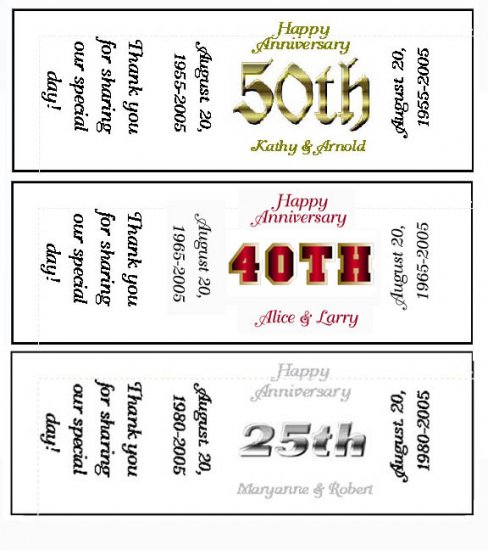 150 - 25th 40th 50th ANNIVERSARY Candy Labels Wrappers Favors