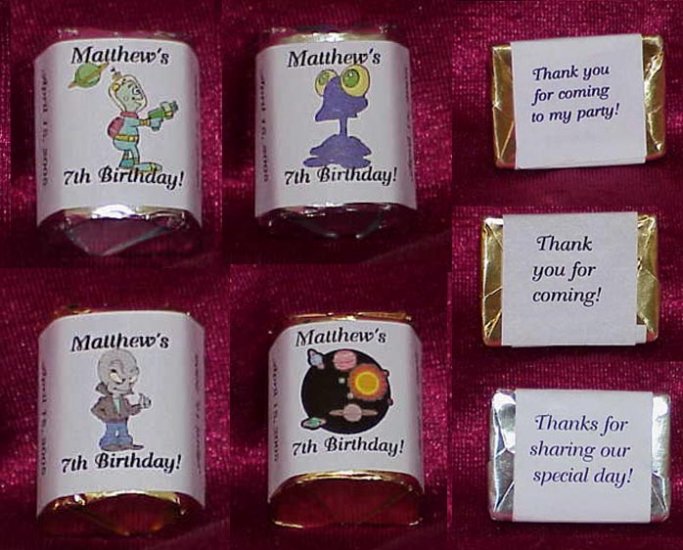 150 Birthday SPACE ALIEN THEMED Candy Labels Wrappers Favors