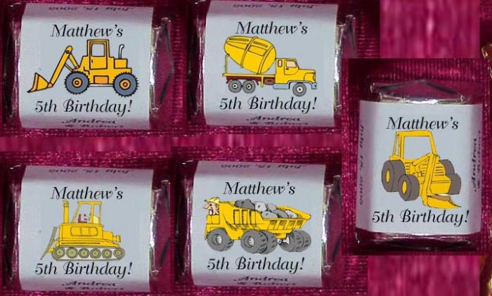 150 Birthday CONTRUCTION TRUCKS THEMED Candy Labels Wrappers Favors