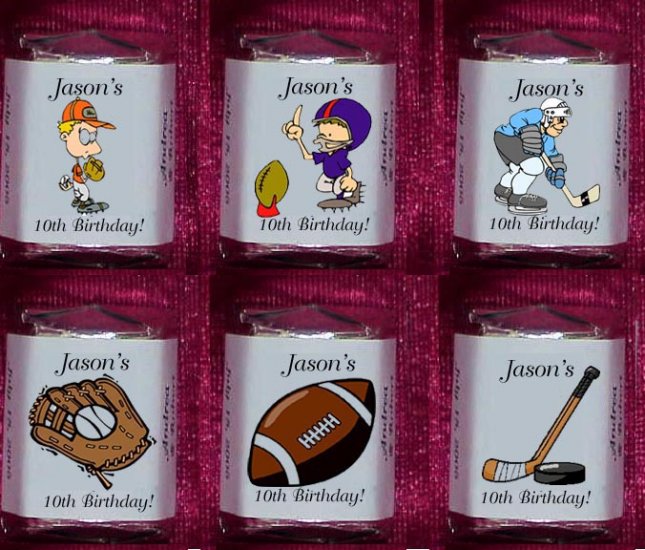 150 BIRTHDAY SPORTS THEMED Candy Custom Wrappers Favors