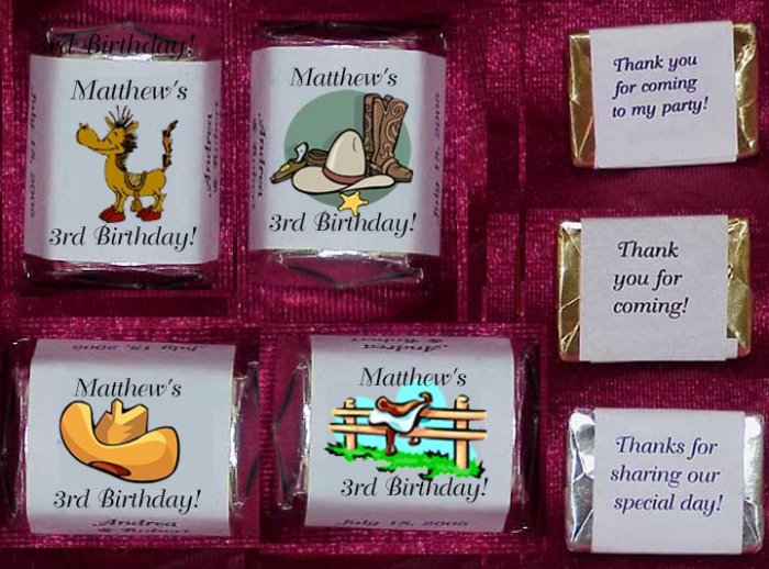 150 Birthday COWBOY GIRL WESTERN THEMED Candy Labels Wrappers Favors