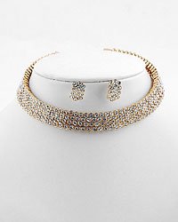 Clear Crystal Choker Set In Goldtone. Post Earrings. Lead Free.