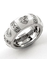 Silvertone / White Epoxy Heart Design / Clear Cubic Zirconia Ring