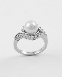 Silvertone / White Faux Pearl / Clear Cubic Zirconia Ring
