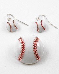 Silver Tone / Red & White Epoxy / Hook (earrings) / Baseball Pendant & Earring Set