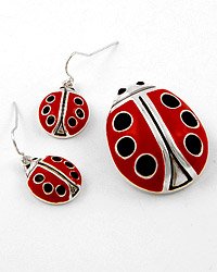 Silver Tone / Black & Red Epoxy / Hook (earrings) / Lady Bug Pendant & Earring Set