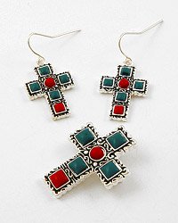 Silver Tone / Blue & Red Square Acrylic Beads / Hook (earrings) / Cross Pendant & Earring Set