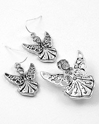 Silver Tone / Angel With Clear Crystals / Pendant & Earring Set