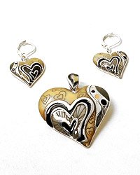 Silver Tone / Beige & Grey Epoxy/ Hook (earrings) / Heart Pendant & Earring Set