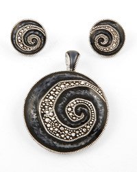 Silvertone Circle Pendant & Post Earring Set / Blue Epoxy And Detail