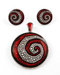 Silvertone Circle Pendant & Post Earring Set / Red Epoxy And Detail
