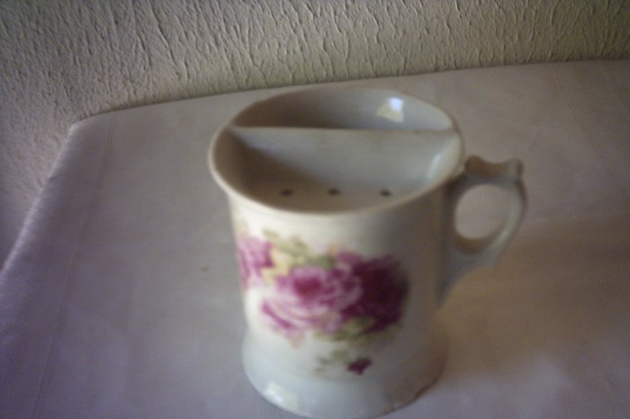 PORCELAIN SHAVING MUG / MUSTACHE CUP W/ PINK & RED ROSES - GLAZED - ANTIQUE ITEM