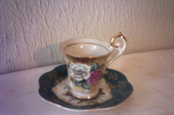HANDPAINTED MINIATURE CUP & SAUCER - FERN - DECORATIVE PORCELAIN BEAUTIFUL