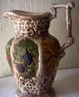 CERAMIC FRUIT & GRAIN PITCHER - GRAPES, STRAWBERRIES, WHEAT - VICTORIAN DESIGN