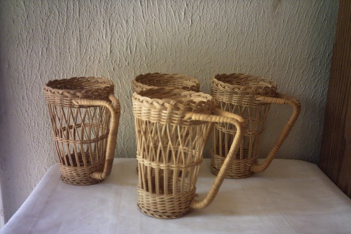 NATURAL WICKER GLASS HOLDERS - SET OF FOUR - 6 3/4" TALL