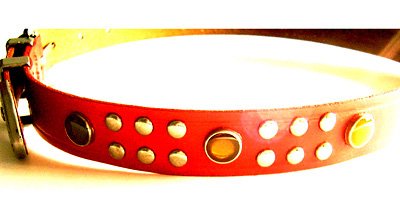EMMANUEL RED LEATHER STONE STUDDED BELT WITH TOOLED SILVER BUCKLE Size S