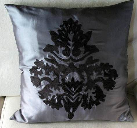 Gray and Black Damask Embroidered Cushion Cover (set of 2)