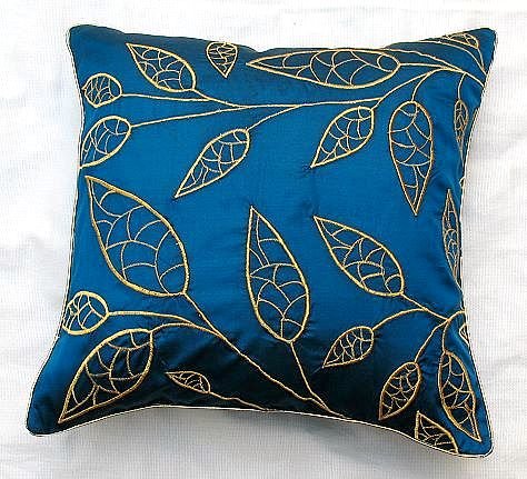 Purely Silk Teal Blue Cushion cover with gold leaf embroidery