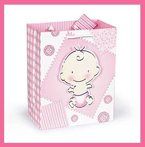 It's a Girl Buttons & Bows baby shower gift bag with tag