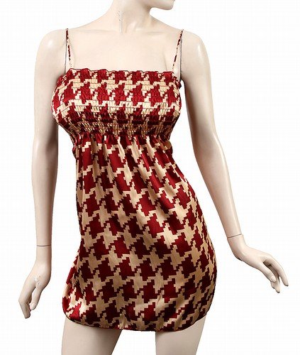 Red-Beige/Gold Houndstooth/Silk/Satin Print Dress Sz M L XL