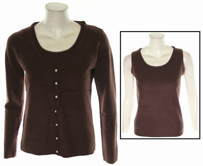 Brown Black Ivory Gray Cardigan Sweater w Sleeveless Tank Top S M L XL