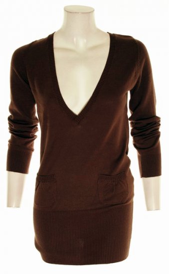 Brown Deep V-Neck Long Sweater S Small M Medium Large L