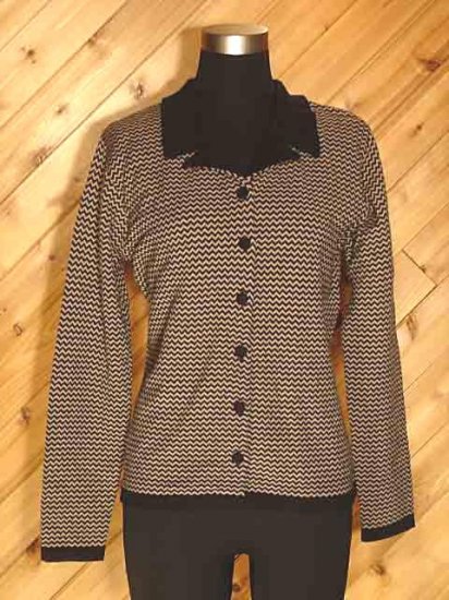 Laura Ashley Black Taupe Knit Wool Button Front Top M