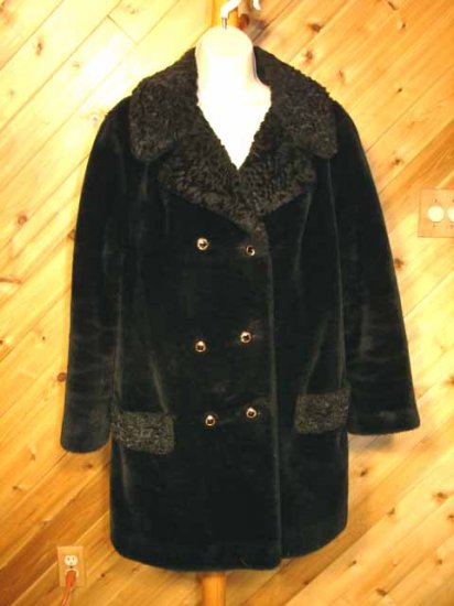 Faux Fur Lamb Trim RETRO Double Breasted Womens Coat M