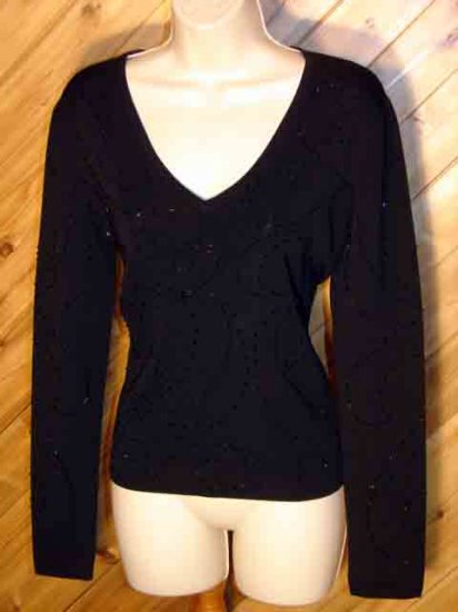 Due per Due Collection Black V-eck LS Beaded Knit Top M