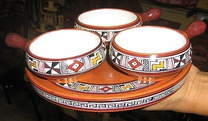 Peruvian ceramic set, hand painted,a tray with 3 bowls