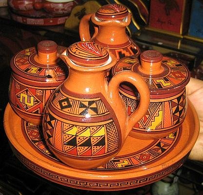 Ethnical ceramic set , hand painted, 1 tray and 4 cans