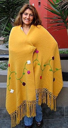 Yellow embroidered shawl, wrap made of Alpaca wool