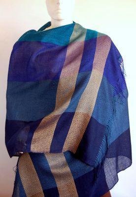 Blue weaved shawl,scarf of Babyalpaca wool and Silk