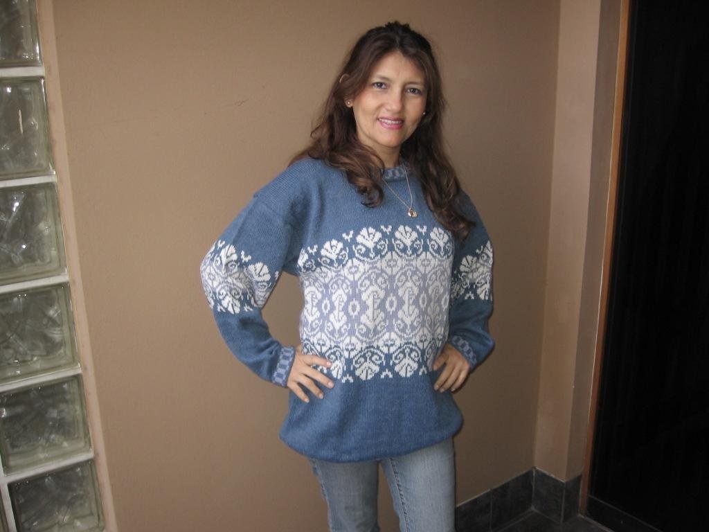 Casual Sweater knitted of alpaca wool, blue and white