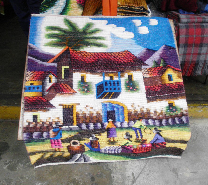 Peruvian hand weaved rug, village square