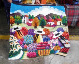 Hand weaved wool rug, flower market in the Andean