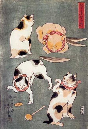 "Four Happy Cats" Japanese Cat Art Print by Kuniyoshi