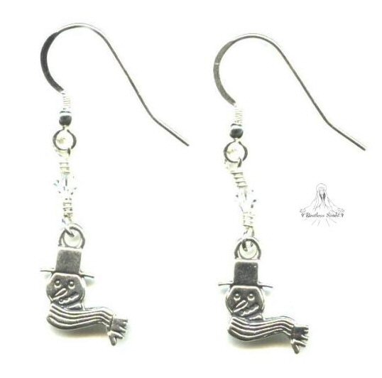 Cute Snowman Earrings - Sterling Silver, Swarovski Crystal