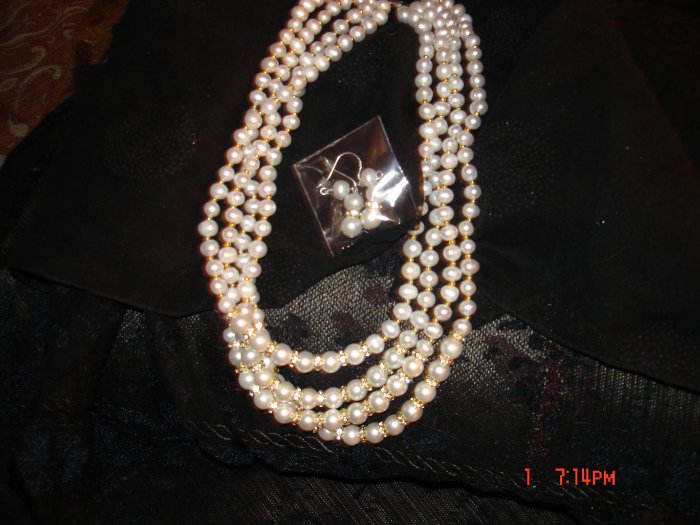 4 Row Freshwater Pearl Necklace and Drop Earrings