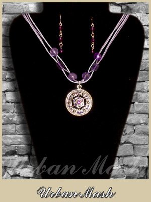 Silver Tone Purple beads Medallion & Earrings SET - A0004