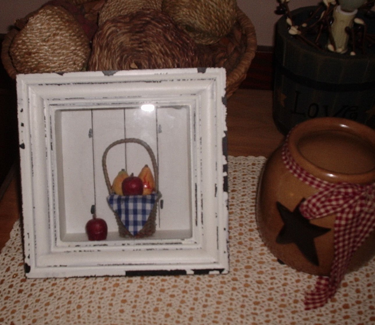 Country Shabby Shadow Box Wicker Basket Fruit Dennis East Int