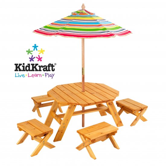 KidKraft Octagon Table & 4 Stools and Multi Striped Umbrella