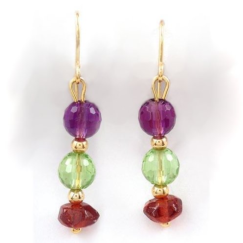 Dangle Earrings with Amethysts, Garnets and Peridots